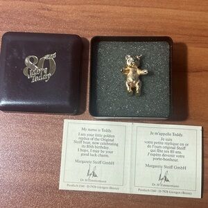 VINTAGE Steiff Jabre Teddy Bear Gold Plated Pin 80th Anniversary 1983 Complete